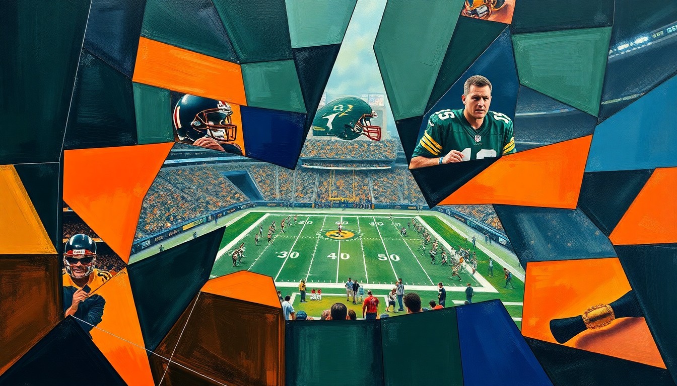 A fractured, cubist-style painting depicting an abstract football game or NFL Draft scene, with sharp geometric shapes in dark navy, forest green, and burnt orange overlapping to create a sense of motion and multiple perspectives.
