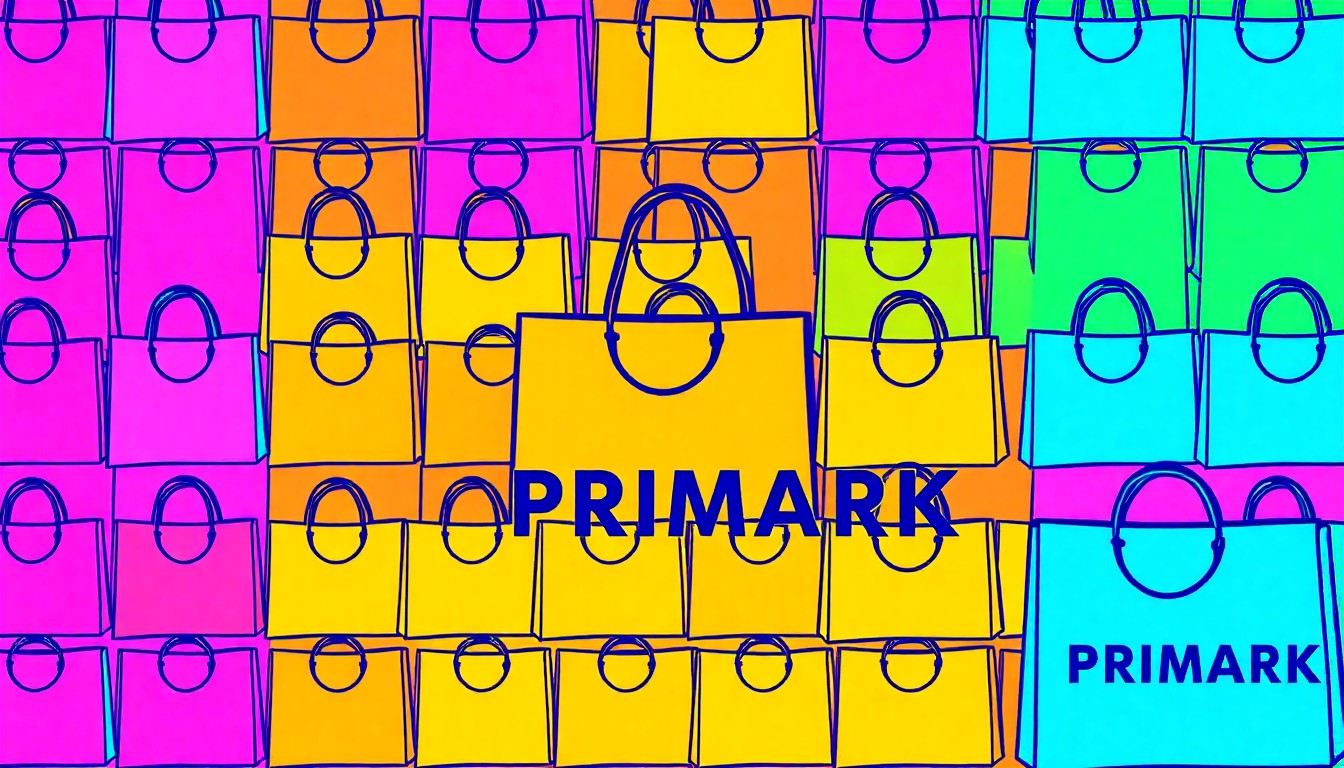A bold, colorful silkscreen illustration featuring a repeating pattern of a Primark shopping bag in vibrant neon hues, conceptually representing the brand's expansion into the New York market.