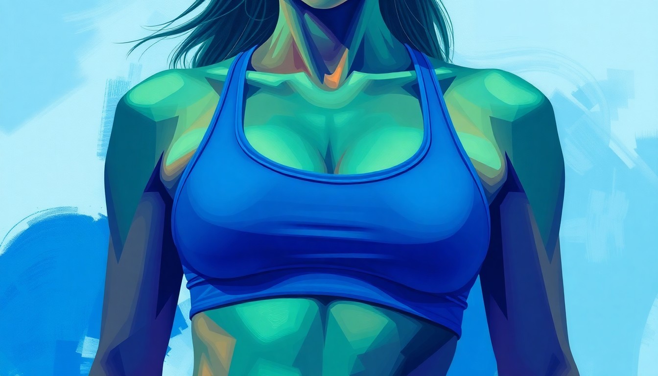 A dynamic, abstract painting featuring a woman's torso in a sports bra, repeated in overlapping, fractured geometric shapes in shades of blue, green, and purple, conceptually representing the debate over personal expression and public decency laws.