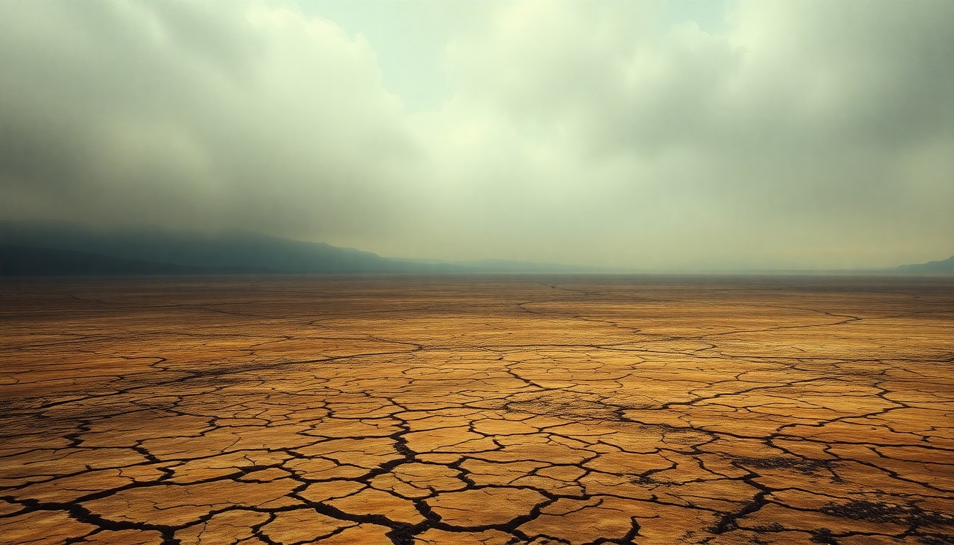 A sweeping, atmospheric landscape painting in muted earth tones, depicting a vast, cracked and parched terrain under a hazy, oppressive sky, conveying the overwhelming scale and melancholy of the drought's impact on the natural environment.