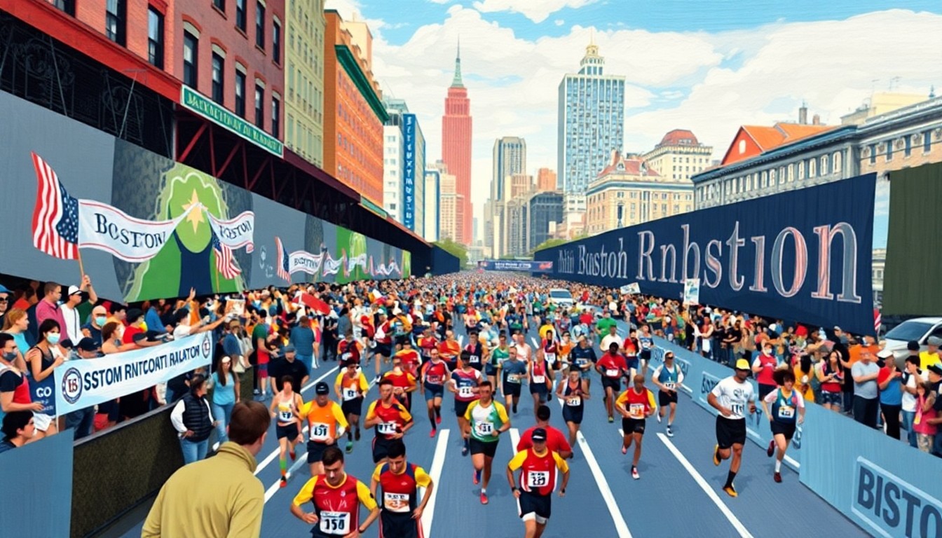 A fragmented, geometric painting depicting runners, spectators, and the Boston cityscape in a cubist style, with sharp planes of color and overlapping perspectives.