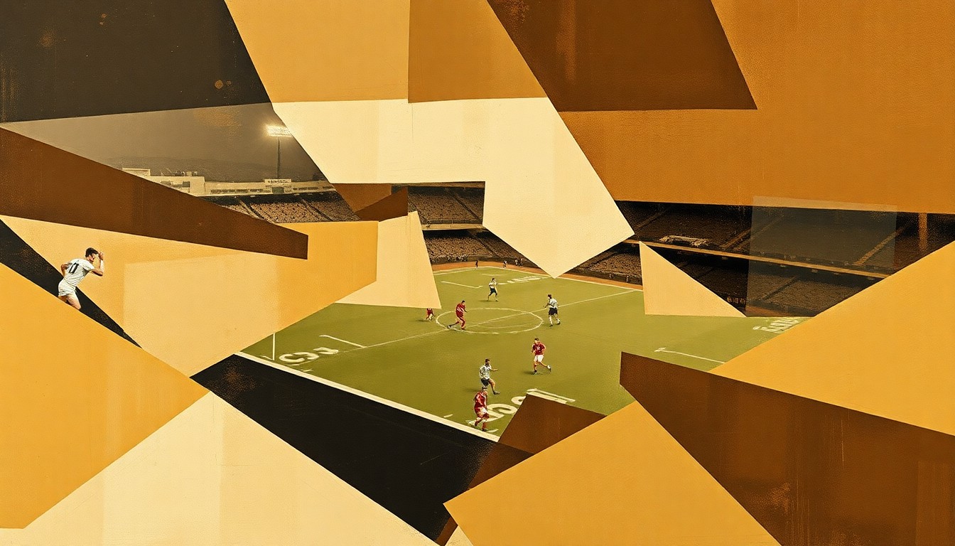 A cubist, geometric painting depicting fragmented and overlapping football players and field elements, conveying the complex strategic decisions facing the Browns this offseason.