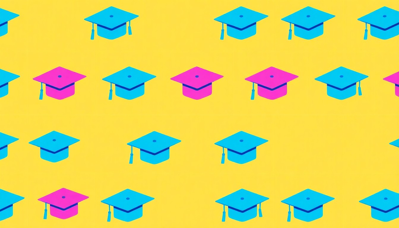 A bold, abstract grid of stylized graduation cap icons in neon blue, pink, and yellow, capturing the celebratory energy of college commencement ceremonies.