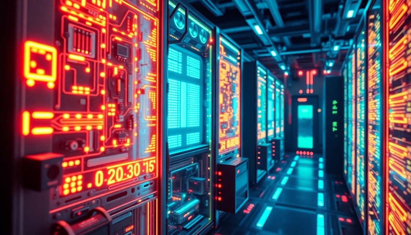 A highly detailed, glowing 3D illustration of a futuristic, neon-lit data processing hub with intricate circuits, pulsing lights, and a sense of technological complexity, conceptually representing DSCVR's efforts to bring clarity and structure to the Web3 ecosystem.