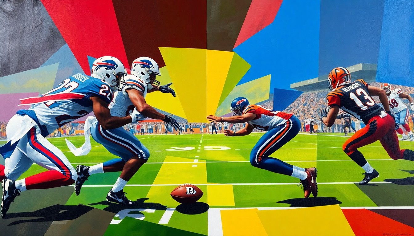 A fragmented, cubist-style painting depicting a football safety making a play, with sharp, overlapping geometric shapes in the team colors of the Buffalo Bills and Cincinnati Bengals.