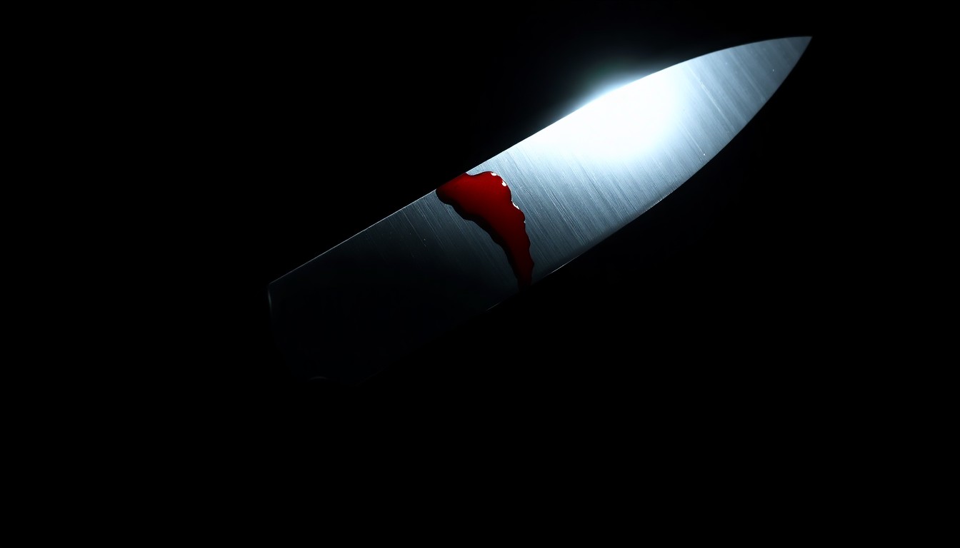 An extreme close-up of a single bloody knife blade reflecting a harsh, direct flash of light, conceptually illustrating the violent nature of a recent homicide in Warren.
