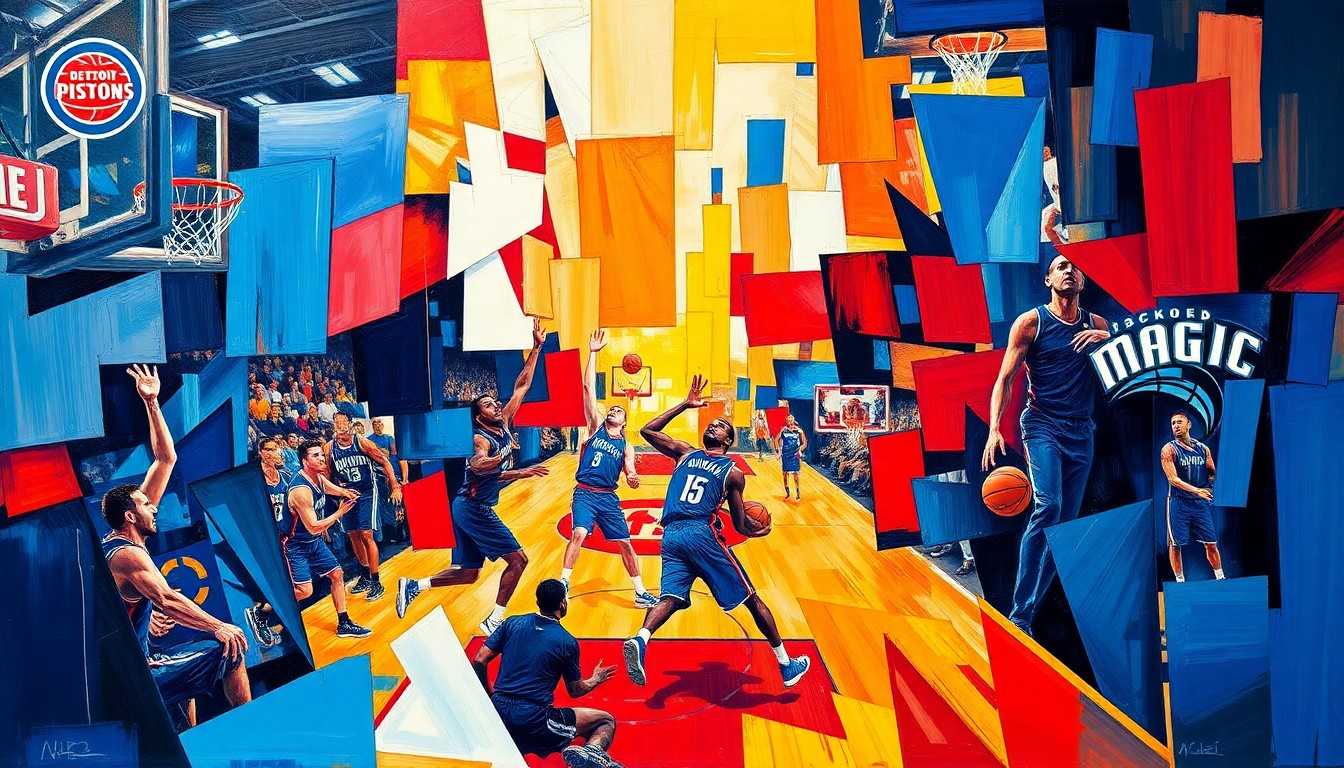 A cubist, geometric painting depicting a basketball game, with the players and court fragmented into sharp, overlapping planes of color representing the Pistons' blue and red and the Magic's blue and white uniforms.