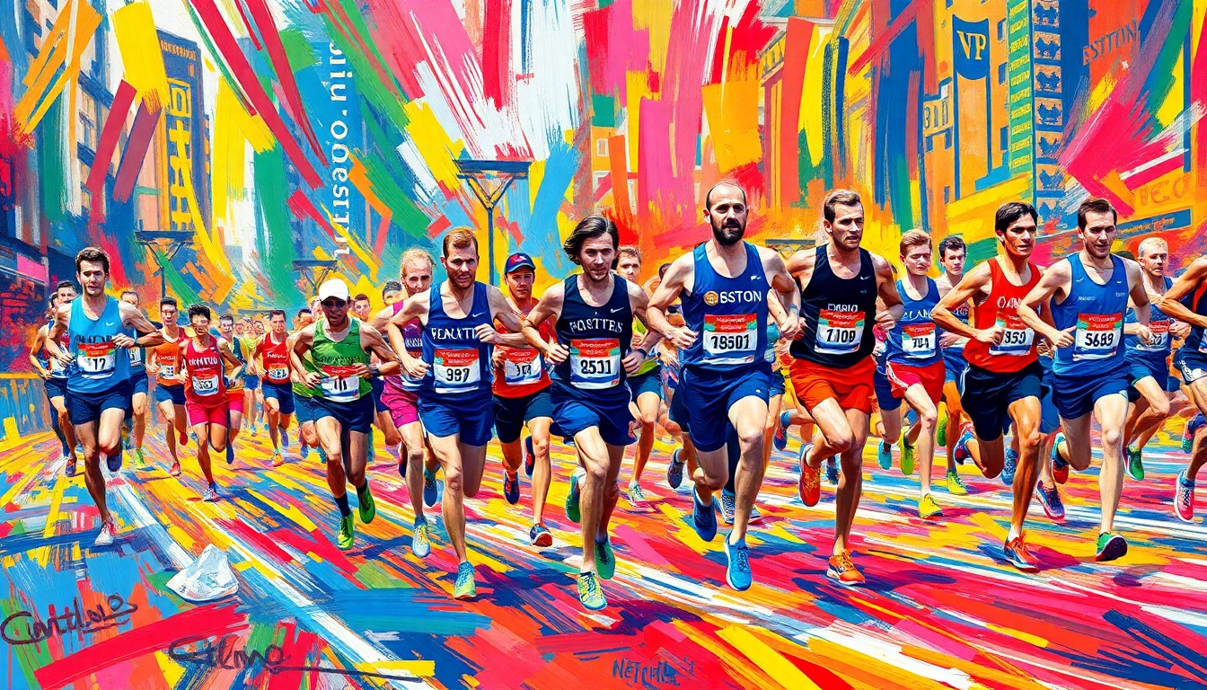 An abstract, expressionist painting featuring bold, vibrant brushstrokes in neon shades of pink, orange, and blue, conveying the dynamic motion and intensity of runners in the Boston Marathon.