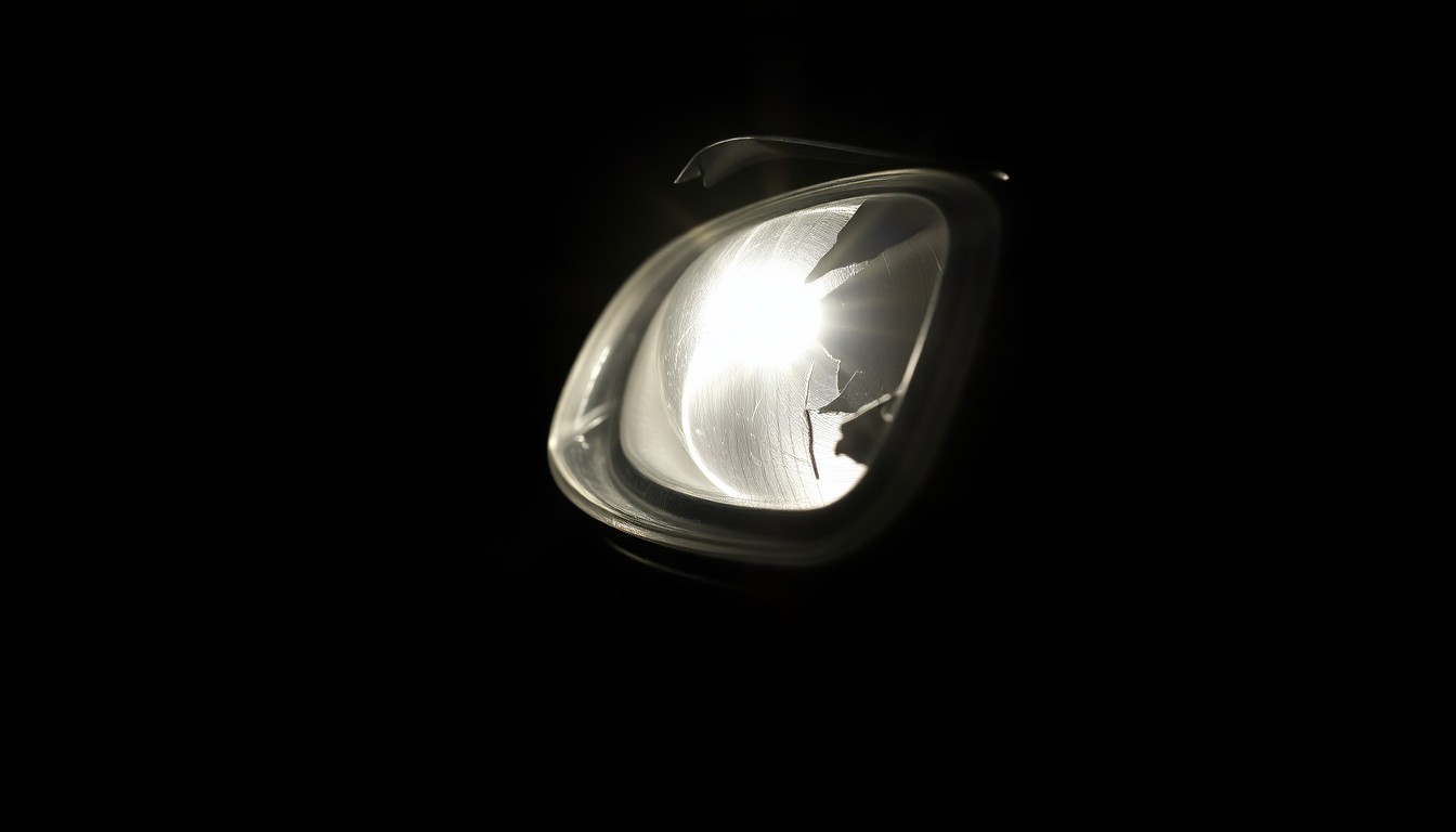 An extreme close-up photograph of a damaged car part, such as a broken side mirror or crumpled fender, lit by a harsh, direct camera flash against a pitch-black background, conceptually illustrating the aftermath of a serious vehicle accident.