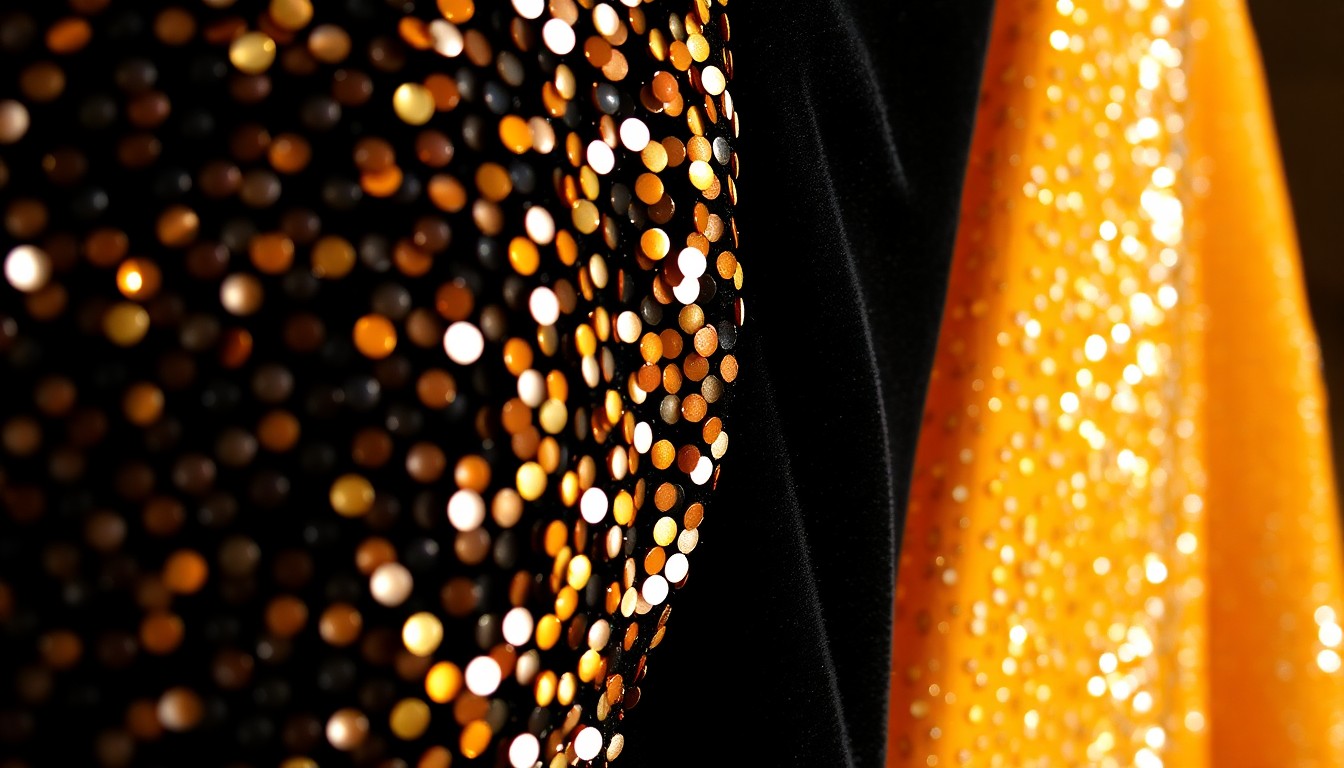 An abstract close-up photograph featuring a high-contrast, glittering texture of sequins and plush velvet, conceptually representing the glamour and inclusivity of the 'Costume Art' exhibit at the Metropolitan Museum of Art.