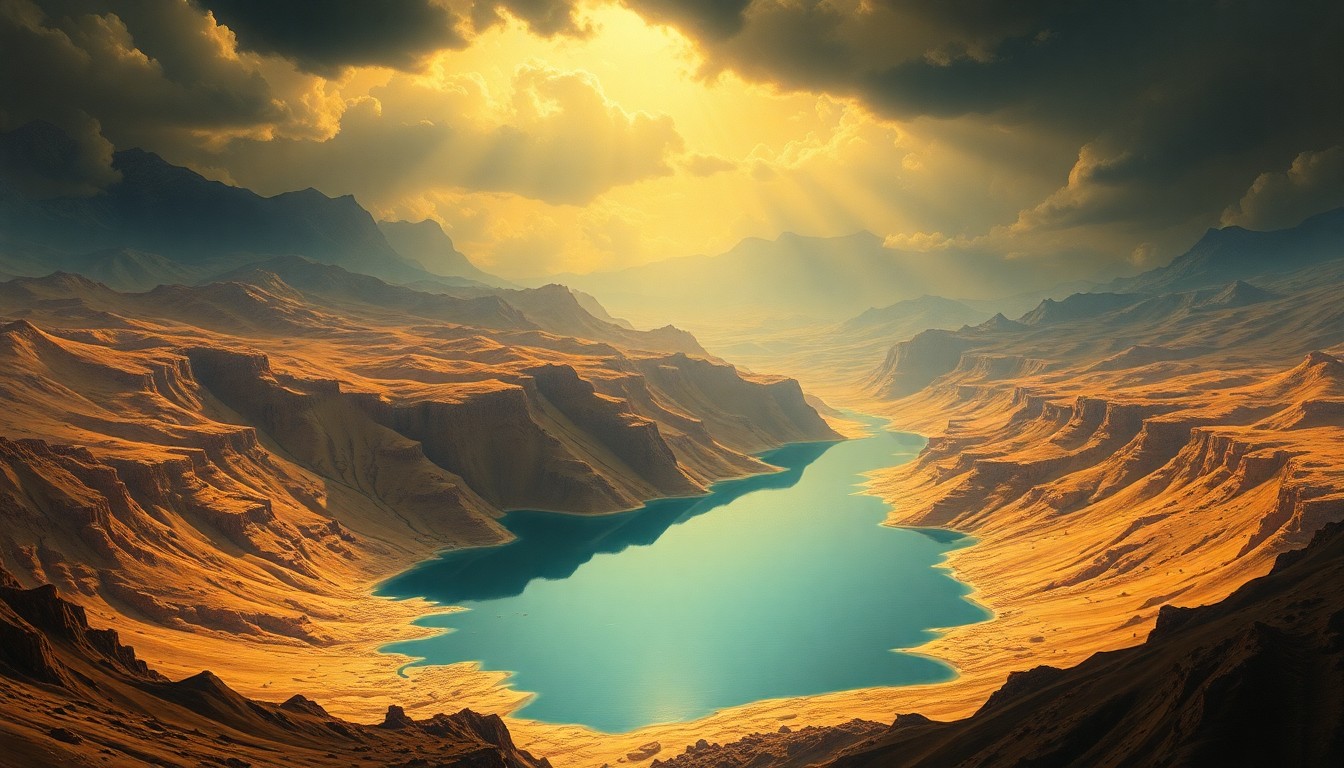 A vast, atmospheric landscape painting depicting a nearly empty reservoir surrounded by arid, drought-stricken terrain, conveying the overwhelming scale and severity of the water crisis facing the city.