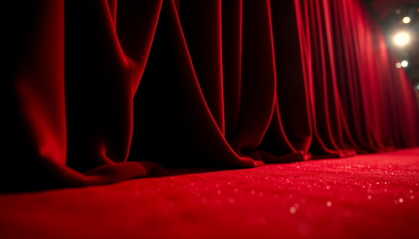 An extreme close-up photograph of rich, plush red velvet fabric illuminated by dramatic studio lighting, creating a high-contrast, luxurious texture that evokes the glamour of a Hollywood awards show.