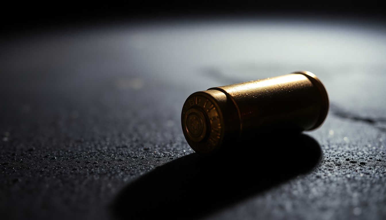 An extreme close-up photograph of a spent bullet casing on a dark surface, lit by a harsh camera flash, conceptually representing the gun violence crisis in Chicago.