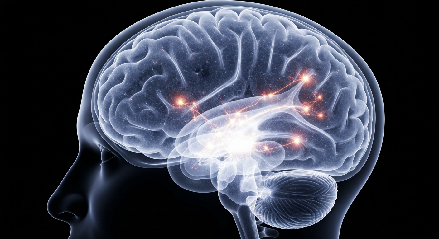 A translucent, ghostly X-ray image of a human brain, with the internal structures and connections visible as glowing, ethereal lines against a dark background, hinting at the lower brain volume associated with heavy cannabis use.
