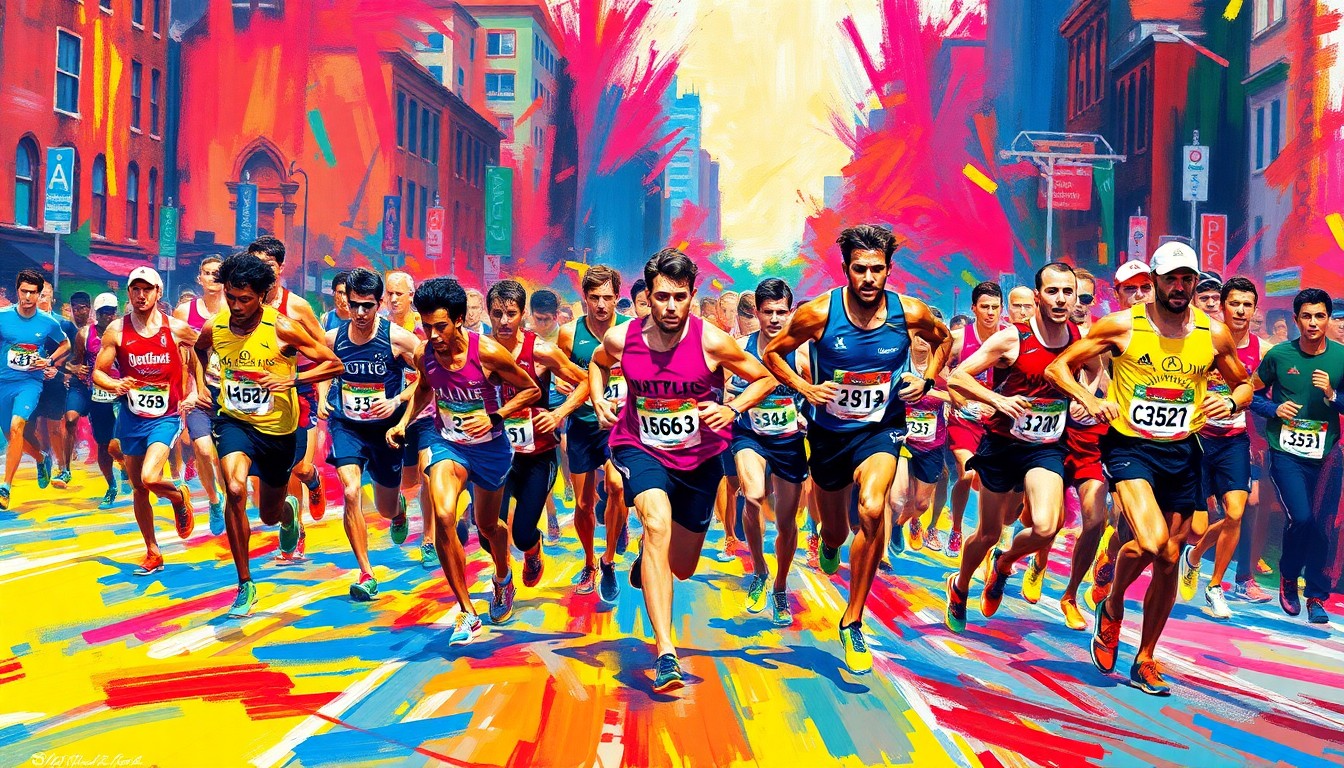 A vibrant, expressionist painting with rapid brushstrokes and neon colors capturing the raw movement and energy of runners at the Boston Marathon.