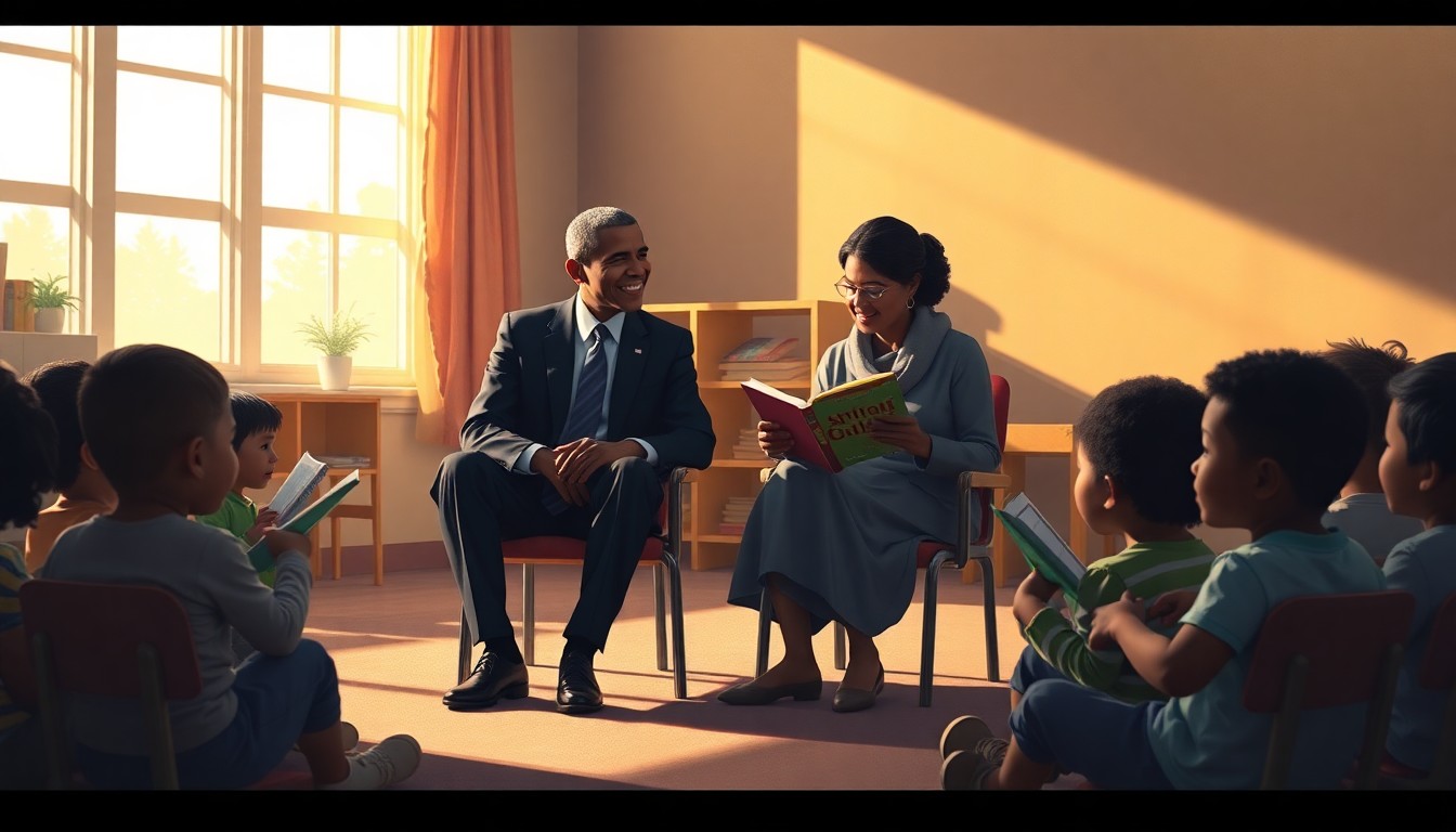 A warm, cinematic painting depicting former President Barack Obama and New York City Mayor Zohran Mamdani sitting on small chairs, reading books and singing with a group of preschool children in a sunlit classroom. The scene captures a sense of community and engagement between the political leaders and the young students.