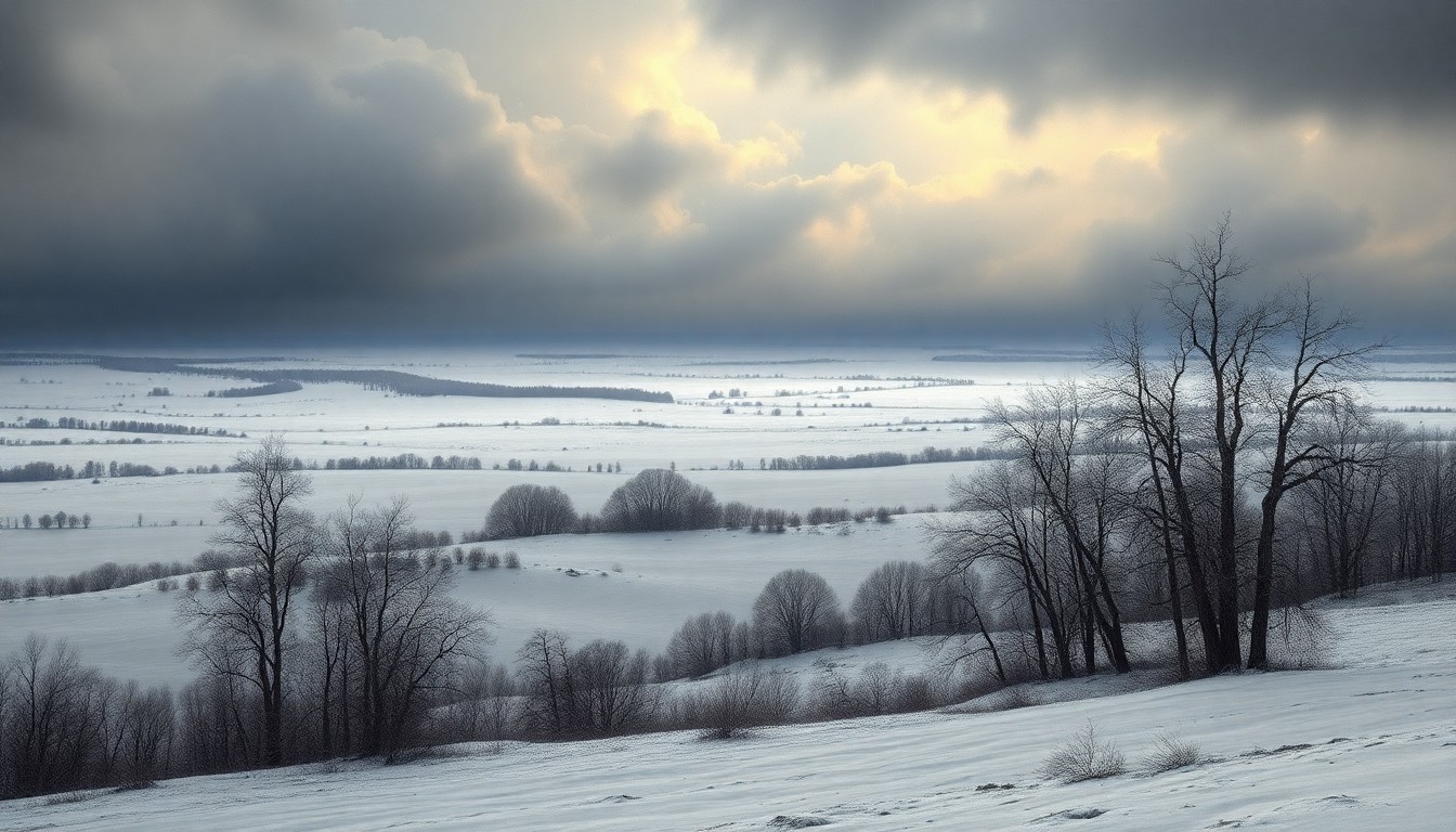 A vast, atmospheric landscape painting in muted tones of gray, blue, and white, depicting a frozen, snow-covered field under a heavy, overcast sky. The scene conveys a sense of isolation and vulnerability in the face of extreme cold, with the overwhelming scale of the natural world dwarfing any physical structures or objects.