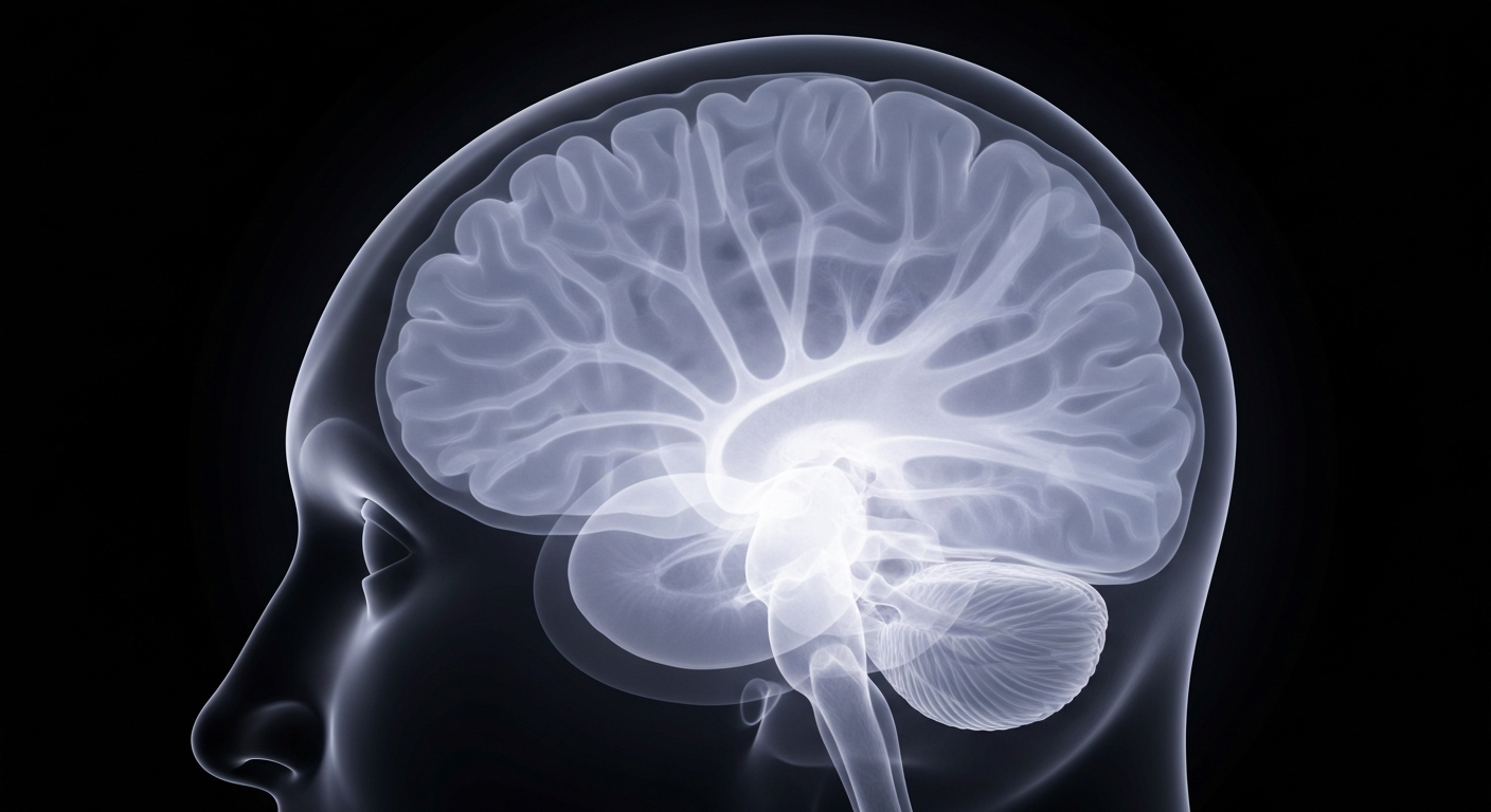 An extreme close-up X-ray photograph revealing the intricate neural pathways and structures of a human brain, glowing softly against a dark background to conceptually represent the complex process of addiction recovery and mental health treatment.