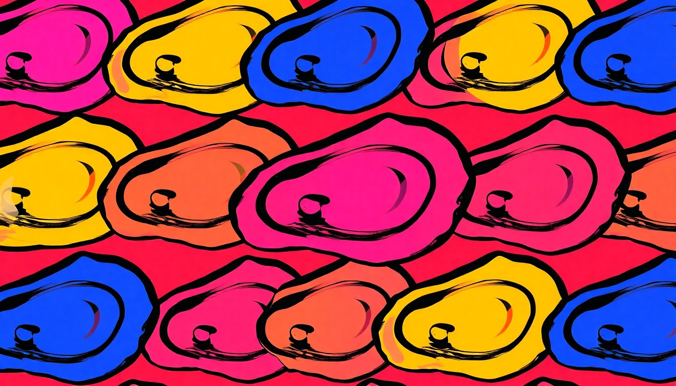 A vibrant, high-contrast silkscreen print of a single oyster shell repeated in a tight grid pattern, rendered in bold neon colors and heavy black outlines in the style of Andy Warhol's pop art.