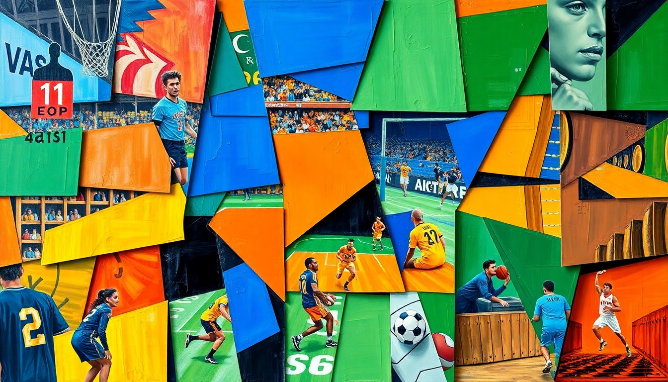 A cubist-style painting featuring sharp, overlapping geometric shapes in vibrant blues, oranges, and greens, abstractly representing various sports competitions and matches.