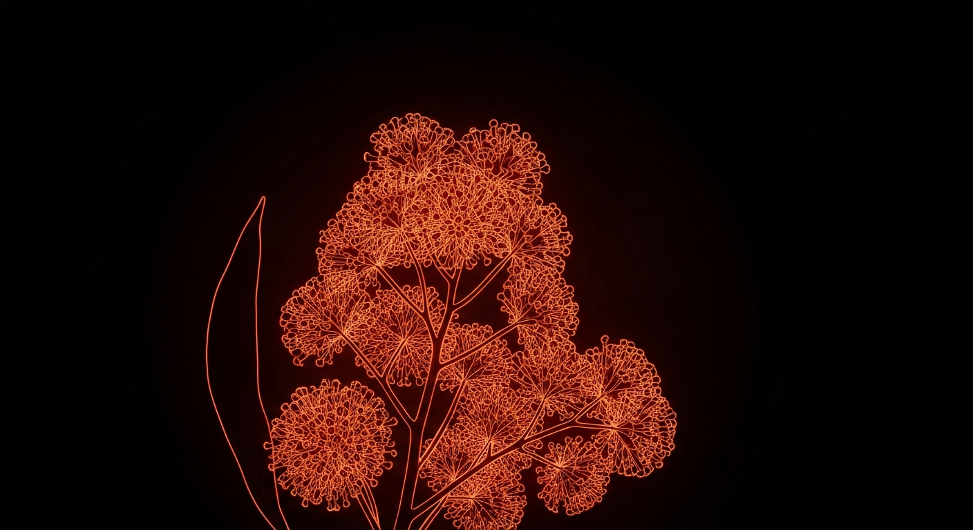 A minimalist, neon-outlined illustration of a flowering plant or pollen grains against a dark background, conveying the energy and urgency of Seattle's extended allergy season.