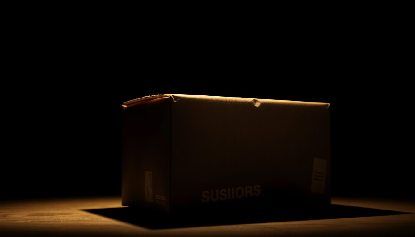 An extreme close-up photograph of a nondescript cardboard box or envelope, its surface texture and shadows dramatically illuminated by a harsh camera flash, conveying a sense of urgency and investigation without depicting any actual violence or danger.