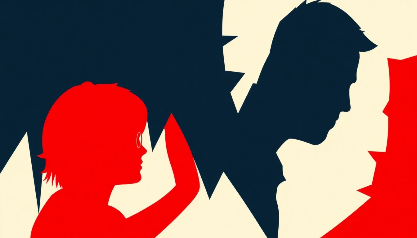 A striking abstract composition of jagged, overlapping silhouettes in shades of navy, charcoal, and crimson, conceptually representing the themes of youth, rebellion, and social divides from the classic story of 'The Outsiders.'