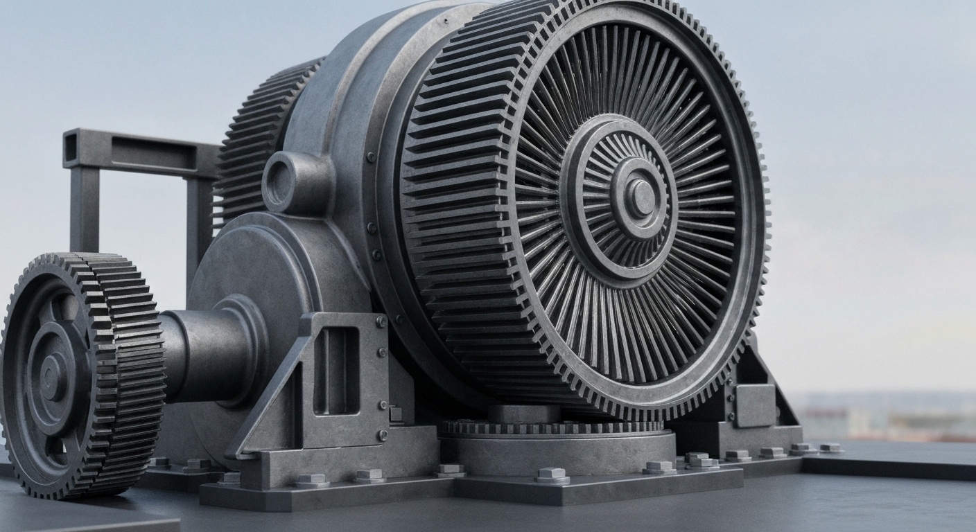 An extreme close-up of a complex array of metallic gears and components, representing the intricate inner workings of a high-performance power management system.