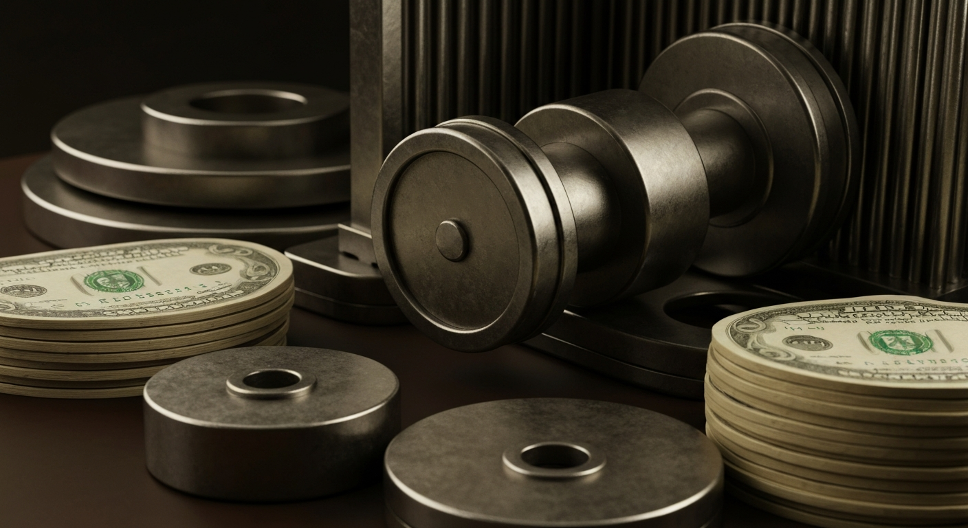 An extreme close-up of intricate, industrial-looking financial machinery and equipment, conveying a sense of power, security, and the complex inner workings of the banking industry.