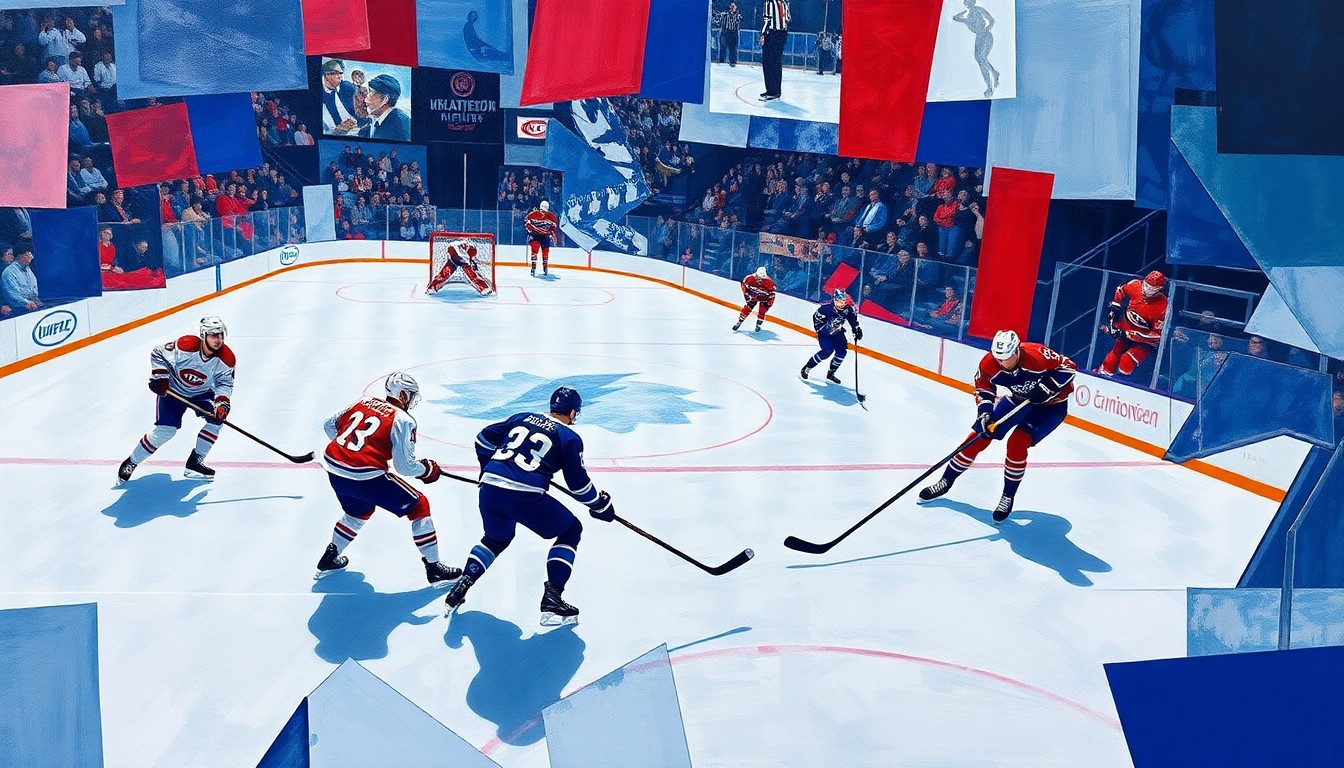 A cubist, geometric painting depicting the chaotic action of a hockey game, with fragmented shapes and planes of players, sticks, pucks, and ice in vibrant team colors, conveying the intensity and unpredictability of the playoff matchup.
