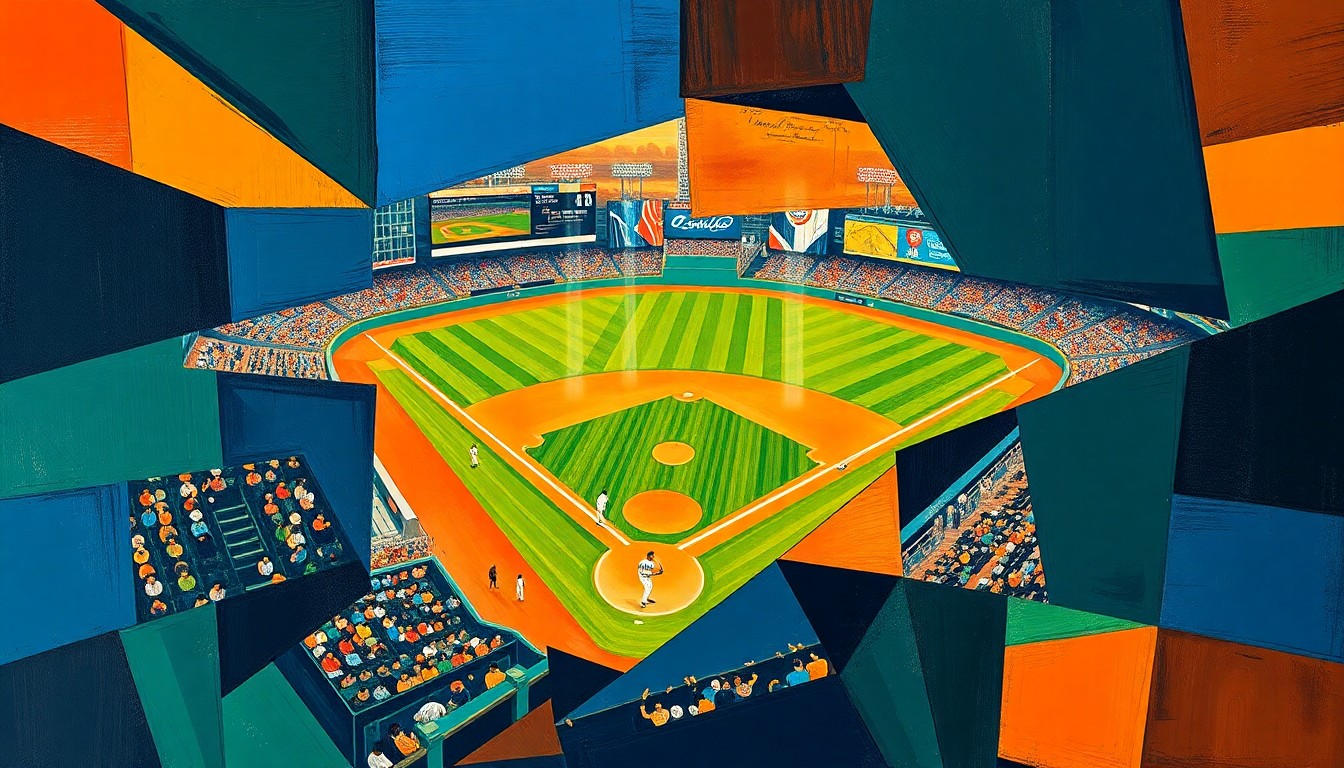 A cubist, geometric painting depicting a baseball game, with sharp, overlapping planes of color representing the players and action on the field.