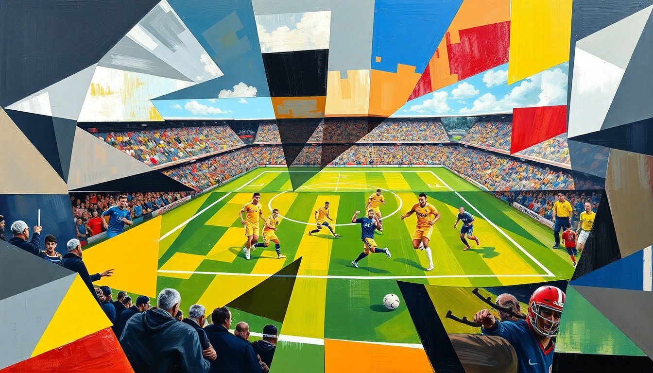A fragmented, geometric painting depicting a football game or match, with players and the field of play broken down into sharp, overlapping shapes and planes, conveying the intensity and competitive spirit of the sport.