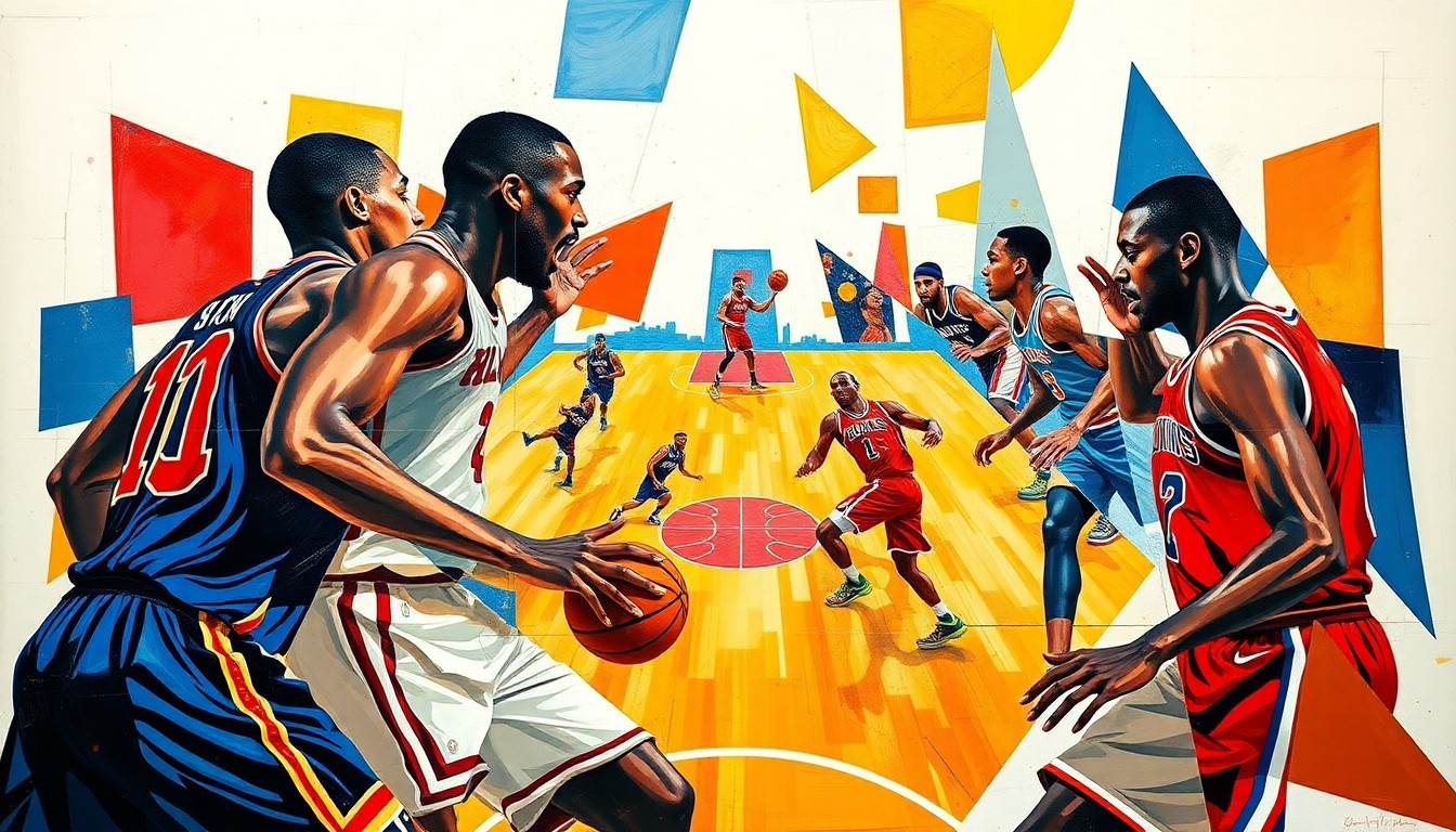 A cubist-style painting featuring fragmented, geometric shapes in bright colors that abstractly depict the intensity and energy of a basketball game between the Atlanta Hawks and New York Knicks.
