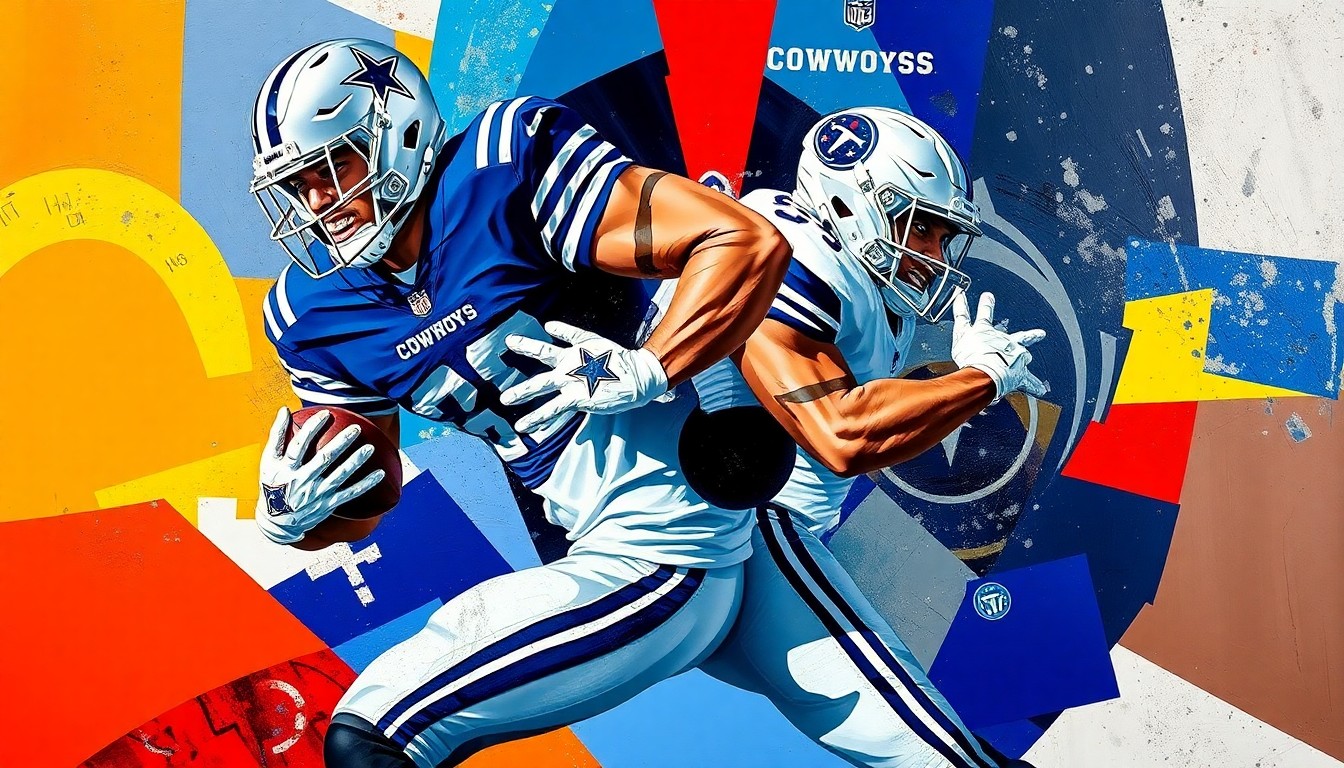 A fractured, geometric painting depicting a football player making a tackle, with sharp planes of navy blue, silver, light blue, and red colors representing the Cowboys and Titans uniforms.
