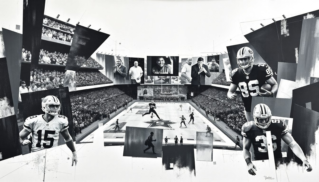 A fractured, cubist-style painting depicting a chaotic football scene with overlapping geometric shapes and planes in shades of gray, capturing the uncertainty surrounding the Steelers' quarterback situation.