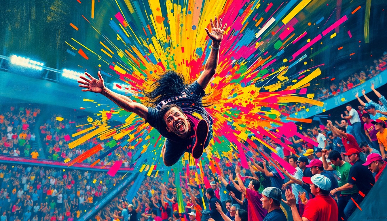 An extreme close-up of a fan tumbling through the air, their body and face obscured by vibrant, expressionistic brushstrokes in neon colors, conceptually illustrating the chaos and danger of a spectator falling from the upper levels of a sports stadium.