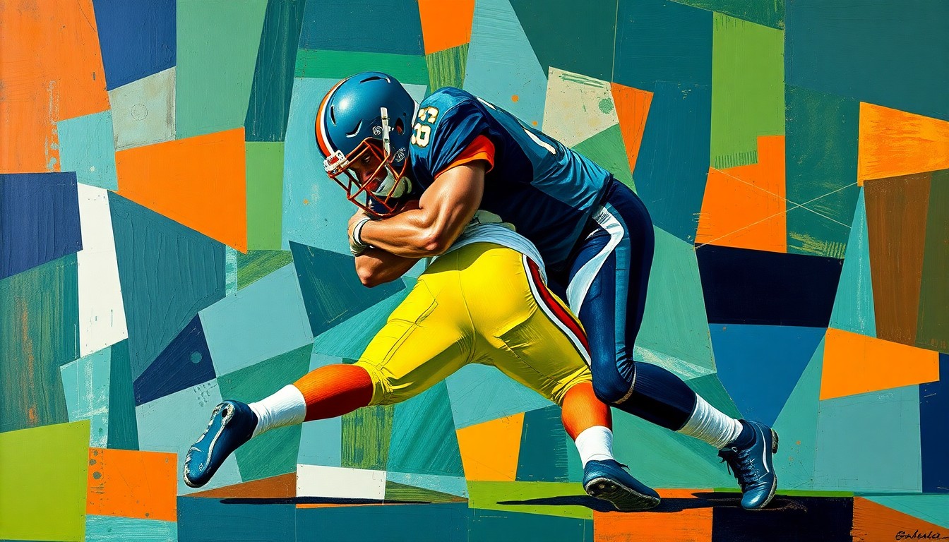 A fragmented, geometric painting depicting the forceful motion of a defensive tackle making a tackle, with sharp planes of navy, green, and orange intersecting to create a dynamic, abstract visual representation of the play.