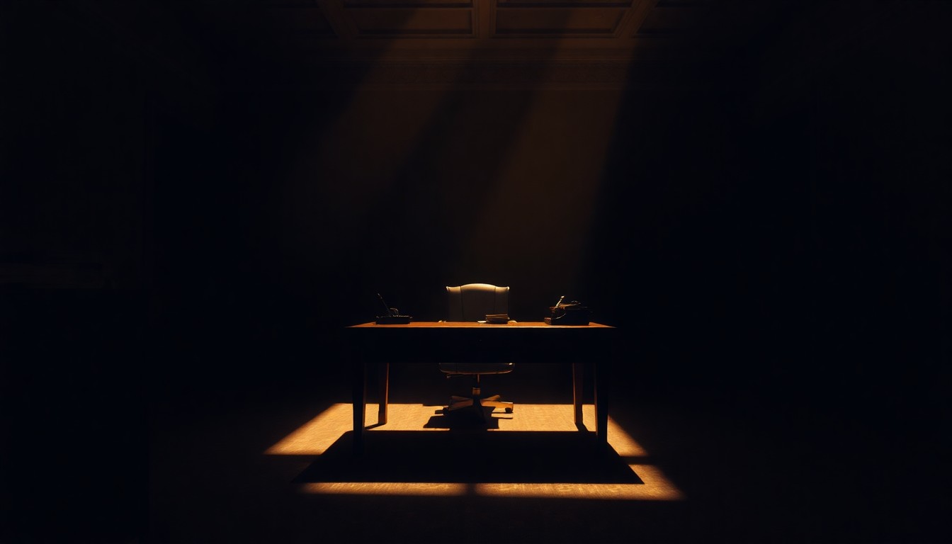 A solitary government desk in a dimly lit room, with warm sunlight casting dramatic shadows, conveying a sense of political tension and unease.