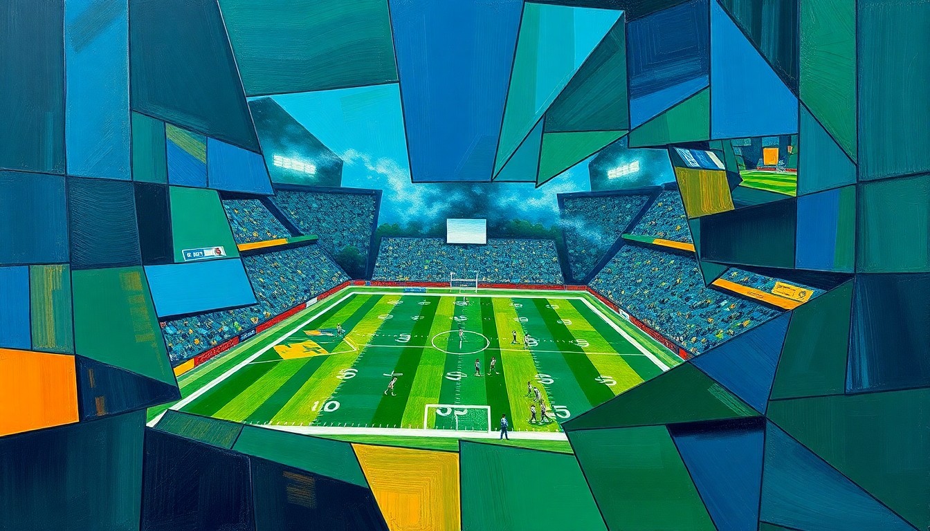 A fractured, cubist-style painting depicting a football game, with sharp geometric shapes in navy, green, and orange overlapping to create a dynamic, multi-perspective scene.