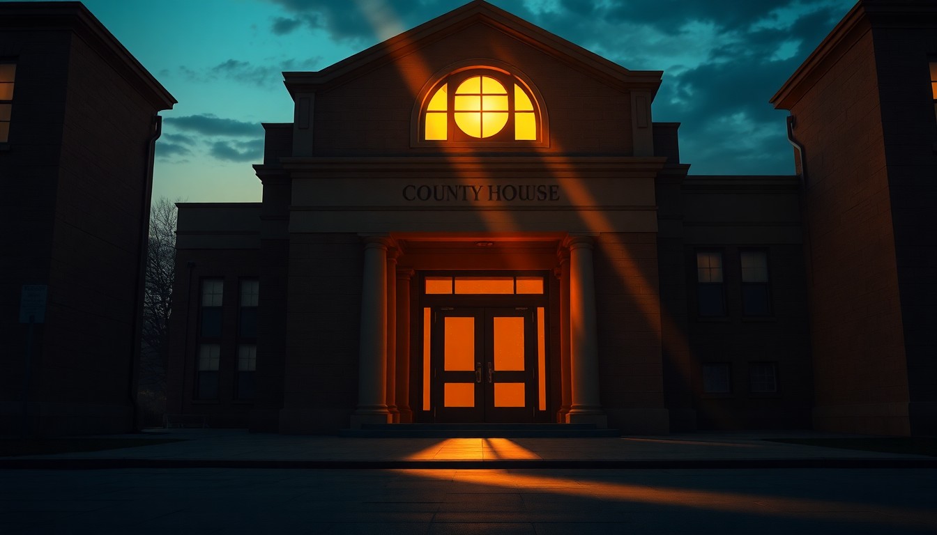 A dimly lit, cinematic painting of an empty county courthouse entrance at dusk, with warm diagonal sunlight casting long shadows across the stone facade, conveying a sense of quiet civic responsibility.