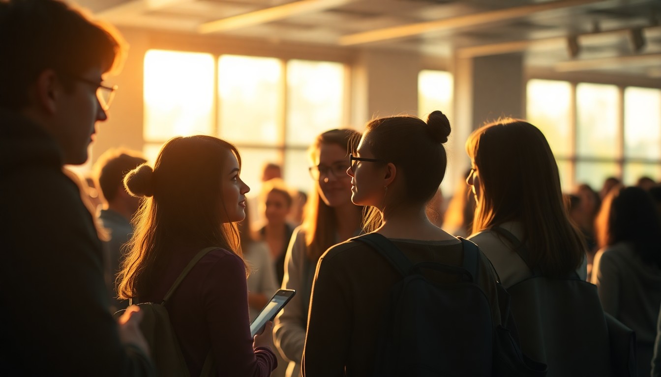 An abstract, impressionistic scene of blurred figures in a warm, softly lit setting, conveying a sense of thoughtful discussion and exploration around the future of education.