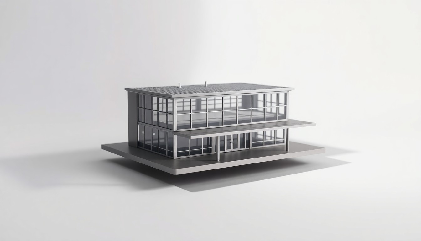 A highly detailed, photorealistic studio still life photograph of a small scale model of a regional airport terminal building, made of polished metal and glass and dramatically lit to cast deep shadows, representing the strategic oversight of the airport board.