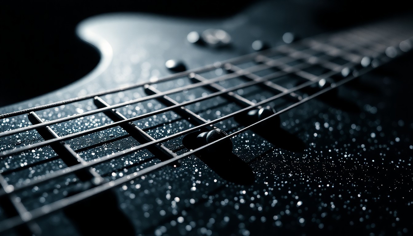 An abstract close-up photograph of heavily textured, glittering guitar strings bathed in dramatic high-contrast studio lighting, conveying the raw energy and sonic power of rock music.