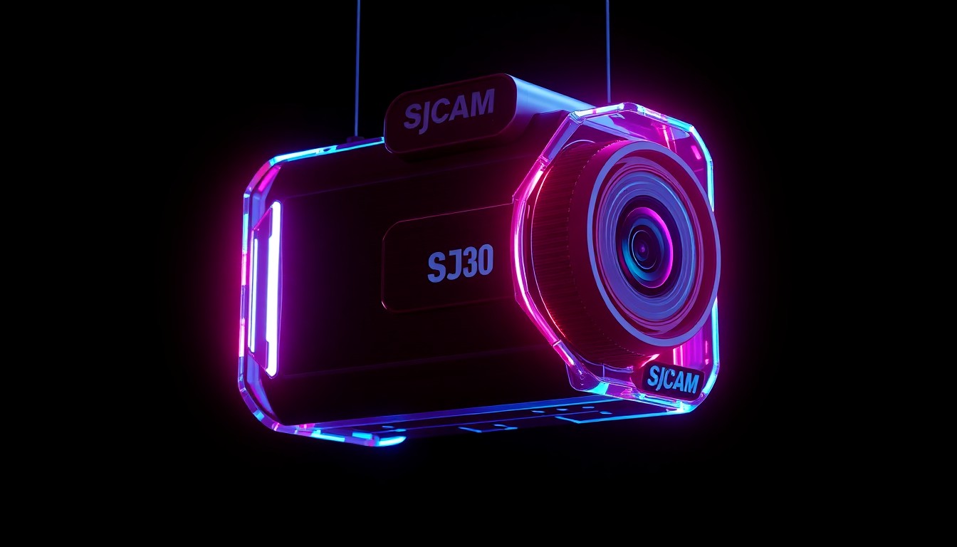 A highly detailed, glowing 3D illustration of the SJCAM SJ30 action camera, with its dual lenses and sleek, angular body illuminated by neon cyan and magenta lights, suspended against a dark, shadowy background.