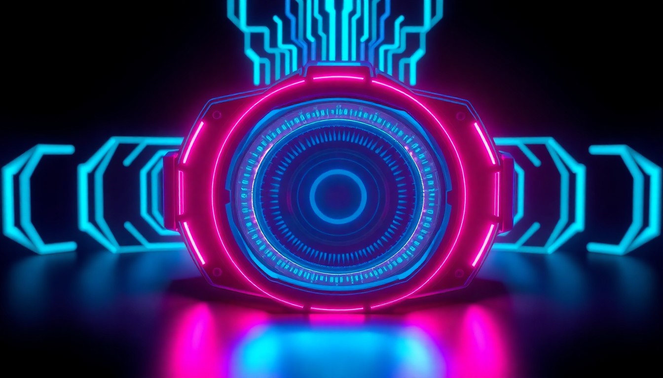 A highly detailed, glowing 3D illustration of an iris scanner device emitting neon cyan and magenta lights, conceptually representing the advanced biometric technology used to verify human users and combat AI bots.