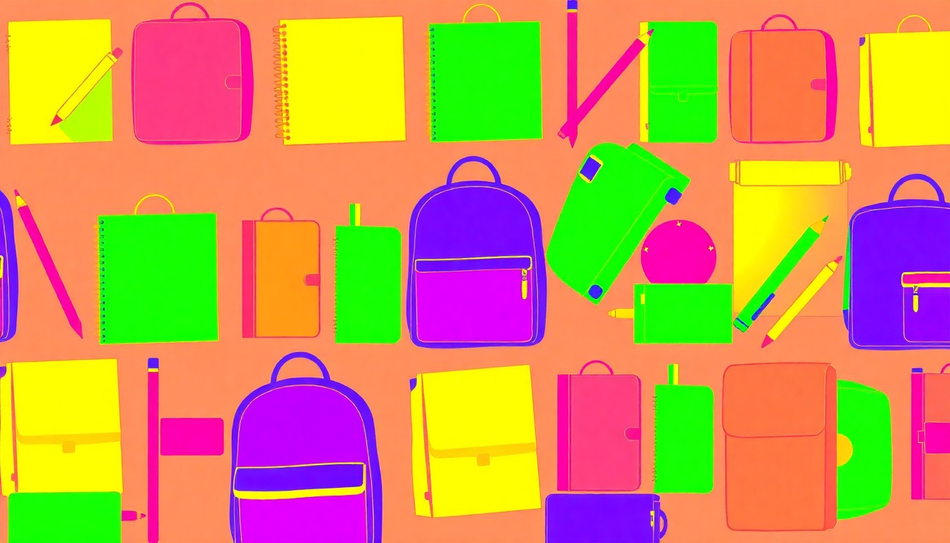A brightly colored, high-contrast silkscreen print of a single, iconic school supply item such as a pencil, notebook, or backpack, repeated in a tight grid pattern, conceptually representing the complex state of Baltimore's public education system.