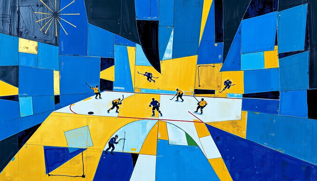 A cubist, geometric painting depicting a hockey game, with sharp overlapping planes of blue, gold, and black representing the players, puck, and arena.