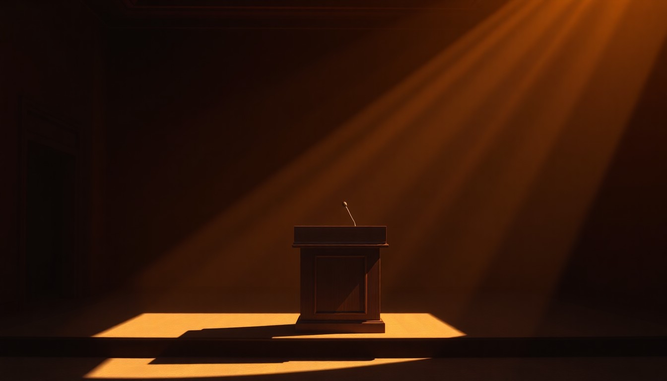 A dimly lit, cinematic painting of a solitary New York City Council podium, with warm sunlight streaming in through a window and deep shadows cast across the scene, conveying a sense of quiet contemplation and the weight of civic responsibility.