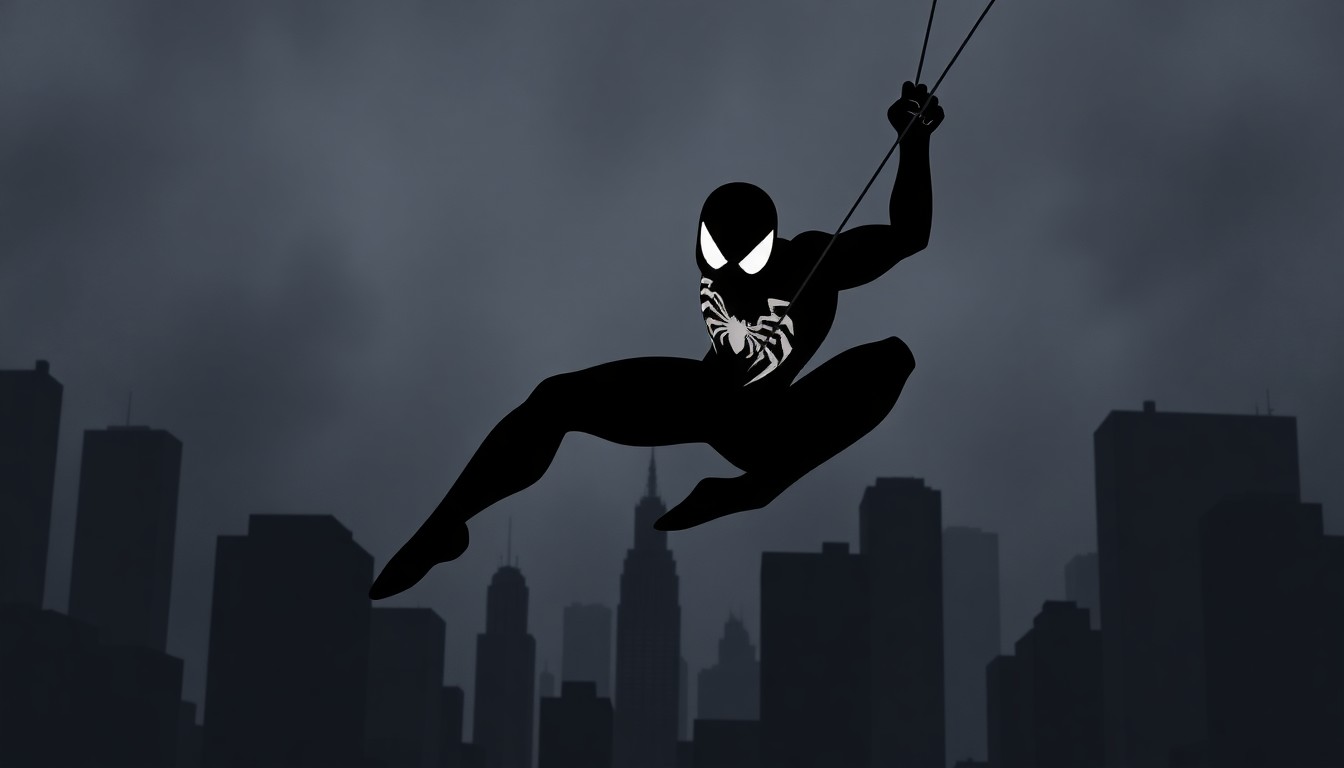 A dramatic black silhouette of Spider-Noir swinging through the air, set against a stylized cityscape in shades of grey, conceptually representing the hero's adventures in a turbulent historical era.