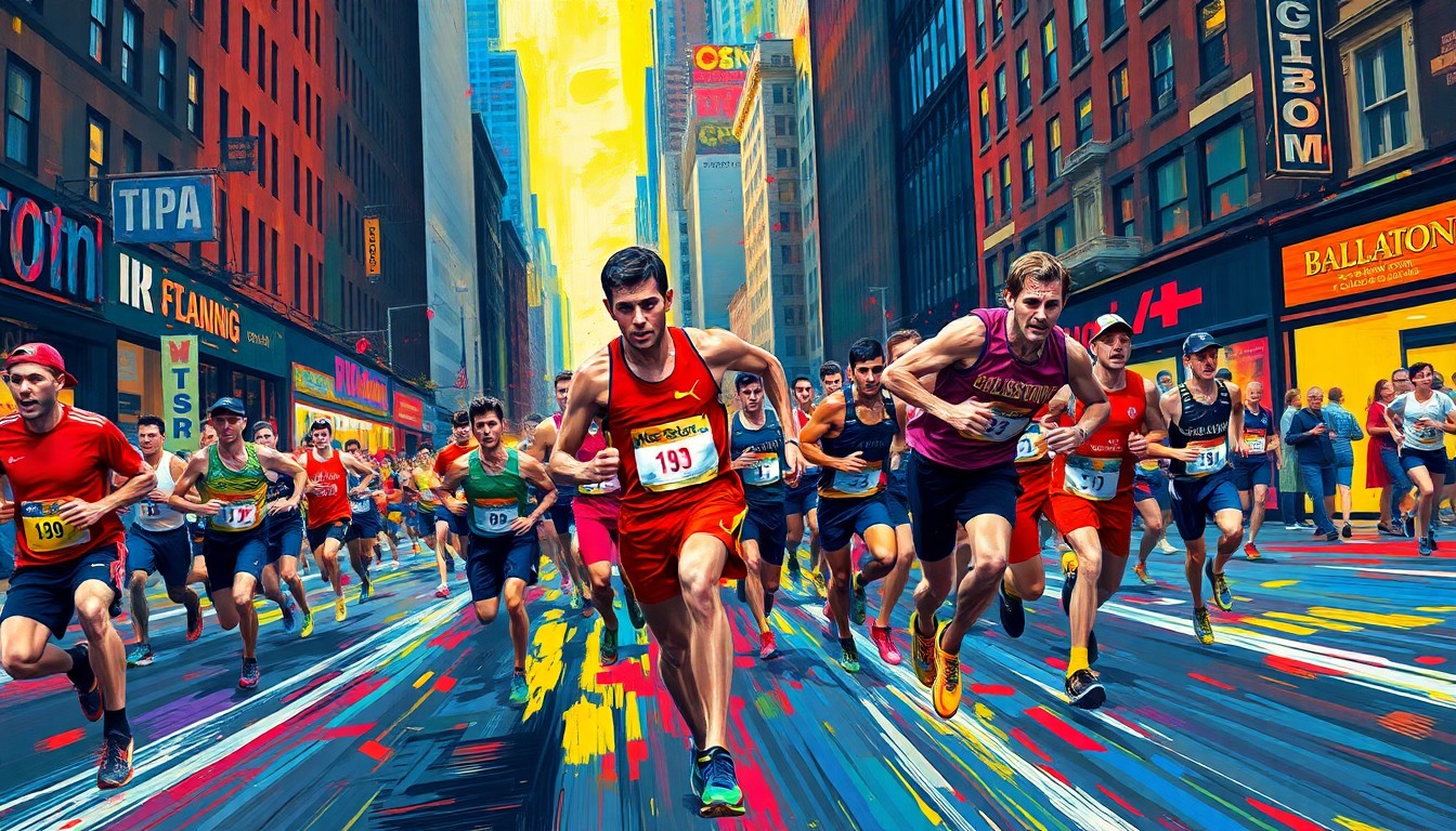 An abstract, energetic painting in neon colors depicting runners racing through the streets of Boston, with Zdeno Chara's tall figure leading the pack.